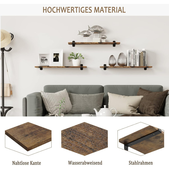 Настінні полиці EUGAD, комплект із 3 предметів, плаваюча полиця 60 см, настінні полиці, підвісна полиця з дерев&39яним виглядом у вінтажному стилі, настінна полиця для вітальні, кухні, кабінету, ванної кімнати, настінна дошка з вантажопідйомністю 15 кг/по