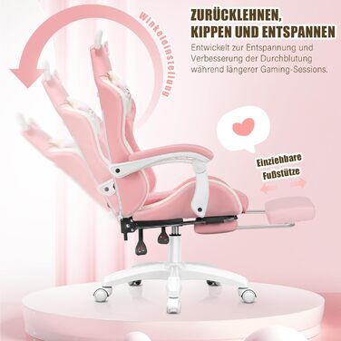 Ігрове крісло, Офісне крісло, Ігрове крісло, Ергономічне ігрове крісло з підставкою для ніг, поперековою опорою, підголівником та котячими вушками, М&39яке ігрове крісло, Обертове крісло для дівчаток 135 кг, Рожеве