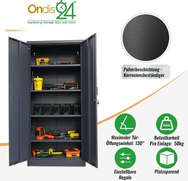 Шафа для документів Ondis24, багатофункціональна шафа, із замком, регульовані полиці, міцна, довговічна, подвійні двері з магнітними дверцятами та ручками, надійна, шафа для інструментів, офіс, майстерня, гараж (антрацит, 170) Антрацит 170