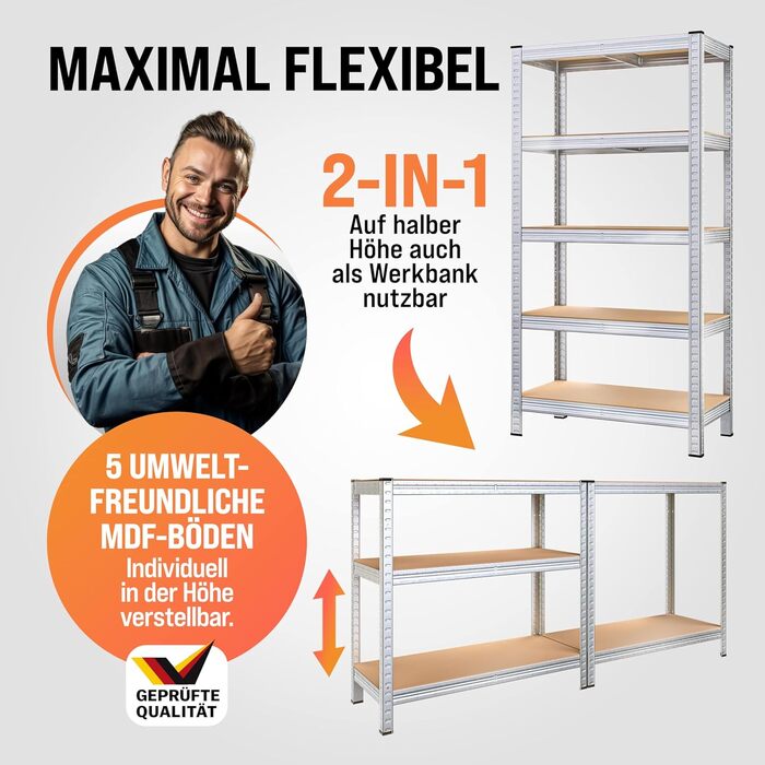 Стелаж Monzana для важких умов експлуатації 170x75x30 см 350 кг 5 стелажів з МДФ Стелажі для зберігання Стелажі для підвалу Безболтові стелажі Стелаж для майстерні 170 x 75 x 30 см - 5 полиць, сріблястий