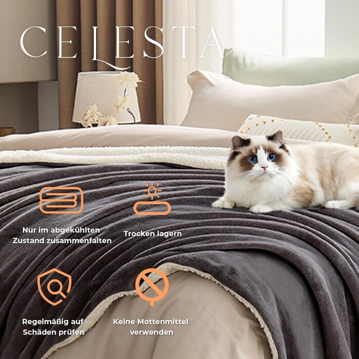 Ковдра з підігрівом CELESTA з автоматичним вимкненням, 160x120 см, 9 налаштувань нагріву, таймер 1-9 годин, фланель, фліс, можна прати в пральній машині - для дивана, ліжка та офісу, темно-сіра, 160 x 120 см