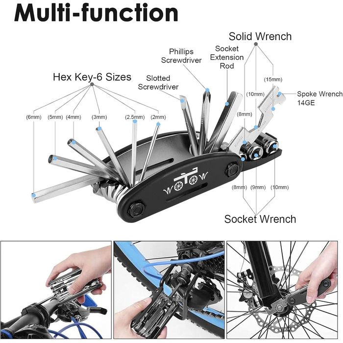Набір для ремонту велосипеда, велосипедний багатофункціональний інструмент 16 в 1, багатофункціональний інструмент, важіль для шин, велосипедний клапан
