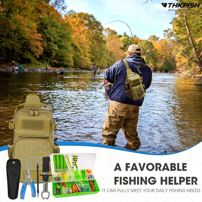 Набір рибальських сумок THKFISH із 79 предметів, водонепроникний рибальський рюкзак з коробками, рибальська сумка для риболовлі, включаючи рибальські плоскогубці, наживку, пристрій для зняття рибальських гачків і губний захват