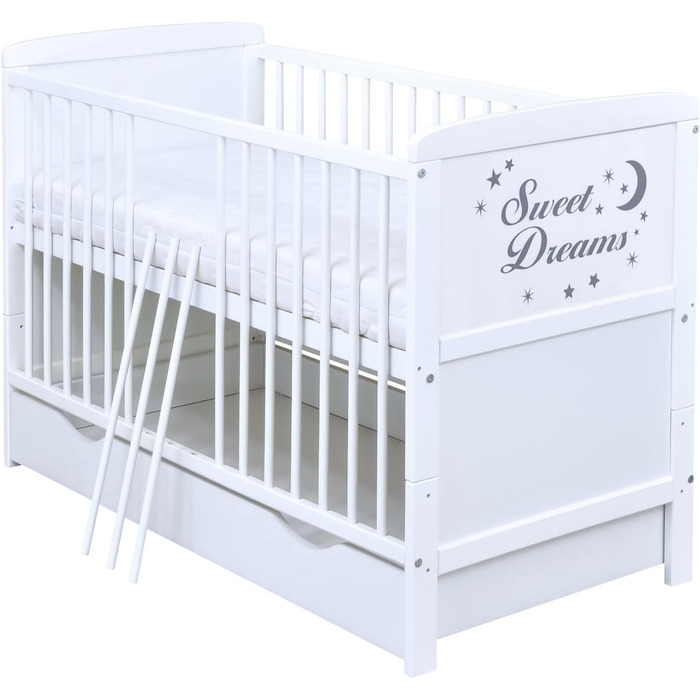 Дитяче ліжечко, що трансформується в дитяче ліжко, біле, 140x70 см, шухляда, матрац з мотивом &quotСолодкі сни&quot (з комфортним матрацом 140x70x9 см)