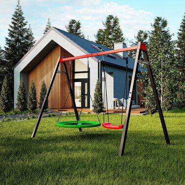 Подвійна гойдалка (метал) з лелечим гніздом та дитячою гойдалкою Рама гойдалки витримує навантаження до 150 кг Стабільна та безпеч