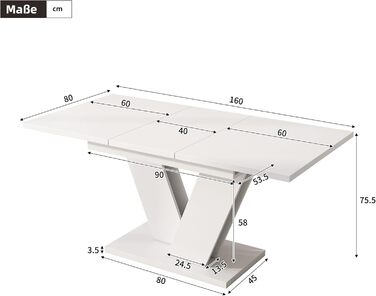 Розкладний обідній стіл 120/160 * 80 см, для 4-6 осіб, прямокутний, потовщена стільниця, V-подібні ніжки, білий