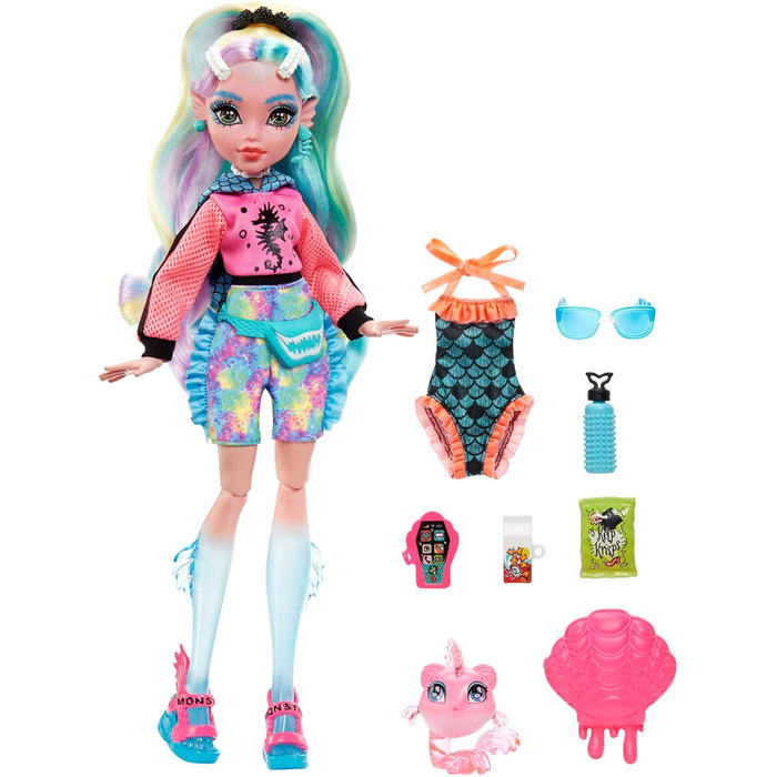 Лялька MONSTER HIGH Lagoona Blue - рожевий балахон, велосипедні шорти з батику, босоніжки на платформі, ласти, аксесуари, для дітей віком 4, HHK55