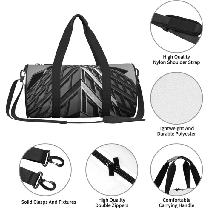 Спортивна сумка для подорожей, архітектурний принт, чорна, на одну-дві ночі, універсальний розмір