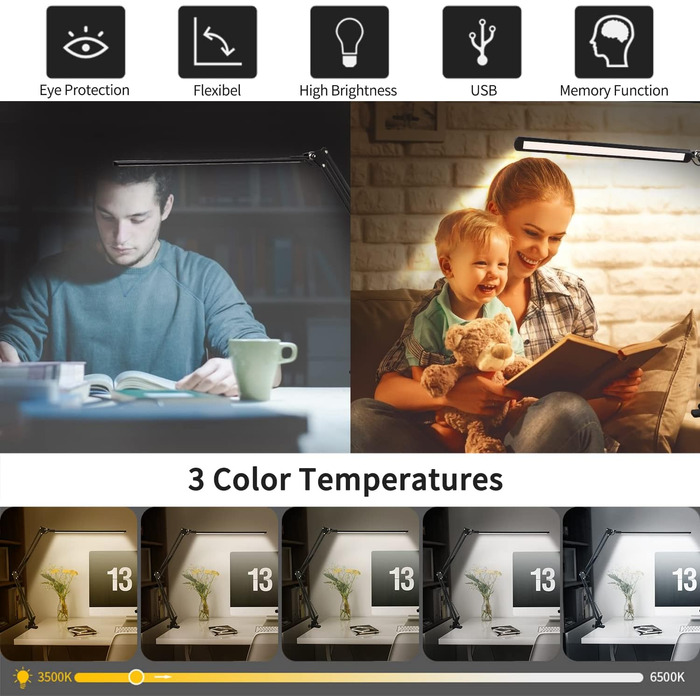 Настільна лампа світлодіодна, затискна лампа архітектора з можливістю затемнення з поворотним кронштейном, функцією пам'яті та портом USB, 3 колірними температурами та 10 рівнями яскравості для читання, роботи, навчання, 12 Вт чорний