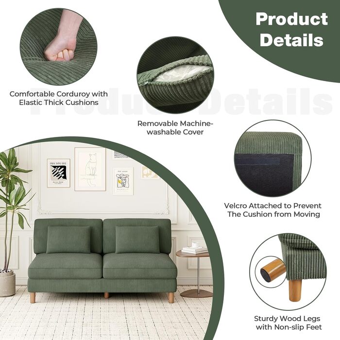 Місний диван Vesgantti Cord без підлокітників, 166 см. Сучасний тримісний диван з подушками, комбінований диван, ідеально підходить для вітальні, спальні, офісу, збирається без інструментів, 166 * 88 * 84 см. Зелений 3-місний диван., 3-