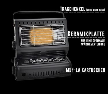 Портативний кемпінговий обігрівач TruWare з картриджами, складний обігрівач для намету для саду, каравана, зимового саду Мобільний газовий обігрівач з ручкою (газовий обігрівач з 4 картриджами)