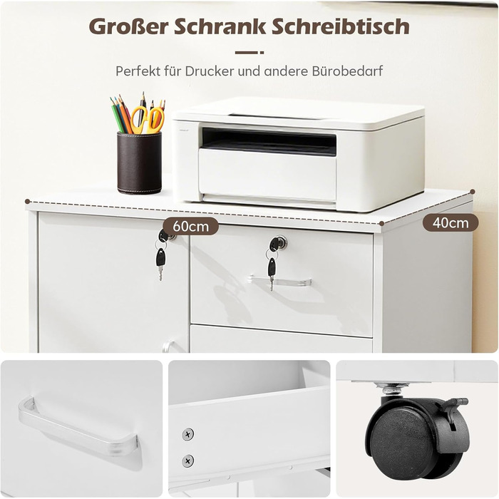 Шафа для файлів TUKAILAI на колесах із замком, мобільна шафа для документів із 3 шухлядами та відділенням, 4 коліщатка, шафа з шухлядами для офісу та домашнього офісу, біла