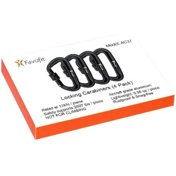 Затискачі для карабінів Favofit із замком, 4 шт. и, 12 кН (1223 кг кожна), міцні карабіни для кемпінгу, походів, активного відпочинку на свіжому повітрі та тренажерного залу тощо, маленькі карабіни, чорні