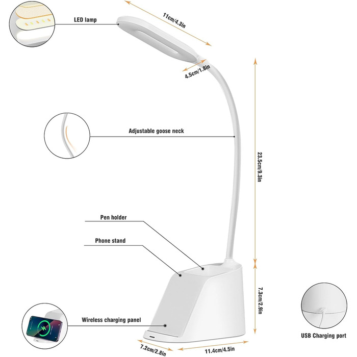 Настільна лампа UEASE LED з бездротовою зарядкою, 3 кольори безступінчаста настільна лампа з регулюванням яскравості Kids з тримачем для ручки та тримачем для мобільного телефону, гнучка настільна лампа на 360 Gooseneck для офісу, навчання