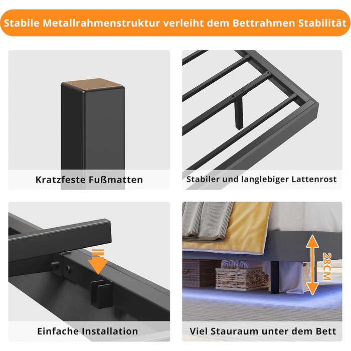 Ліжко IRONCK 140x200 зі світлодіодним освітленням та зарядною станцією, каркас ліжка 140x200 см з м&39якою оббивкою, плаваючий каркас ліжка, каркас ліжка 140x200 см, дитяче ліжко, металеве ліжко з рейковою основою, двоспальне ліжко, сірий колір