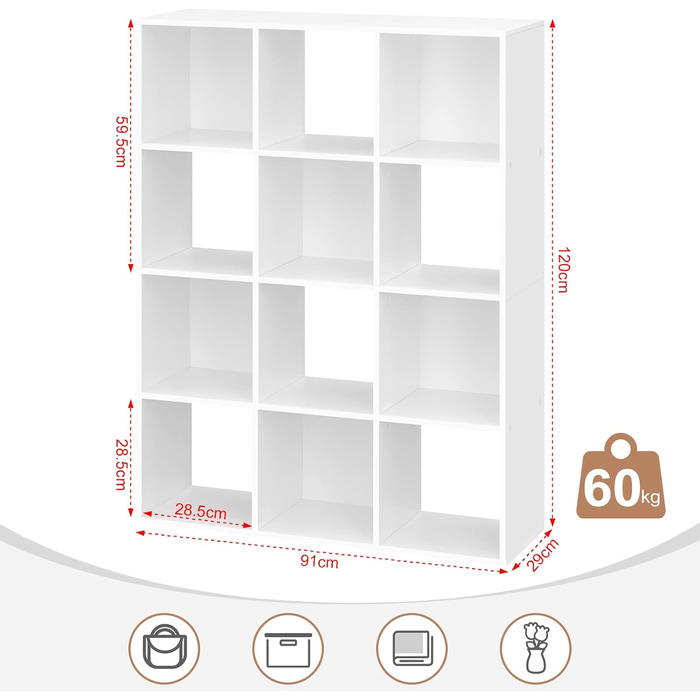 Книжкова полиця eSituro з 12 відділеннями, окремостояча кубічна полиця, відкрита полиця-перегородка для кімнати, сучасна стояча полиця, для вітальні, дитячої кімнати, офісу, спальні, 9120x29 см, білий