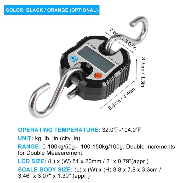 Електронні ваги, цифрові підвісні ваги з РК-дисплеєм, 150 кілограмів, електронні ваги з підвісними гачками та петлею для зважування (чорні)