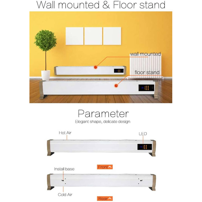 Електрична тепла підлога Sined 1800, біла тепла підлога та плінтус, 1800 Вт з пультом дистанційного керування в комплекті