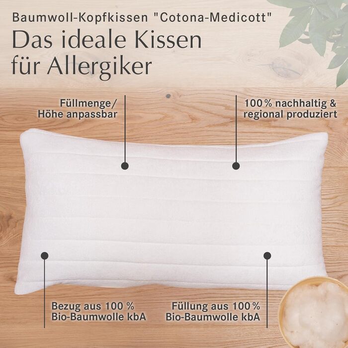 Бавовняна подушка allnatura Cotona-Medicott 40x80 см Переможець тесту - 100 органічна бавовна, ідеально підходить для алергіків - спить на боці та спині - регульована висота, чохол можна прати в пральній машині - Зроблено в Німеччині Бавовняна подушка 40 