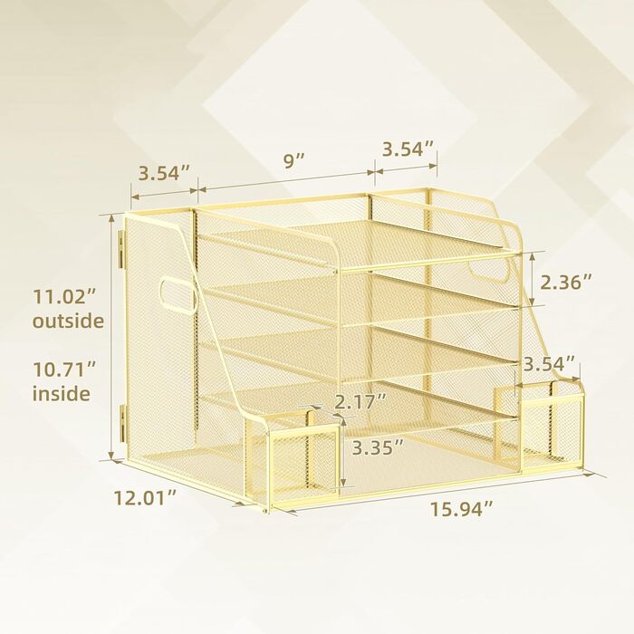 Настільний органайзер SUPEASY Grid з тримачем для файлів, 5-шаровий лоток для паперу та листів з тримачем для журналів, настільний органайзер та блок зберігання, золотистий