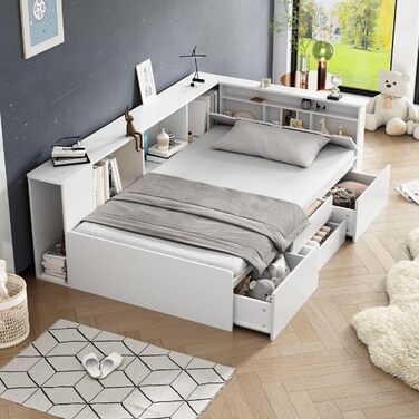 Односпальне ліжко Aoskem дитяче ліжко ліжко 90x200 ліжко з ящиками для зберігання та шафою для зберігання та книжковою полицею, де