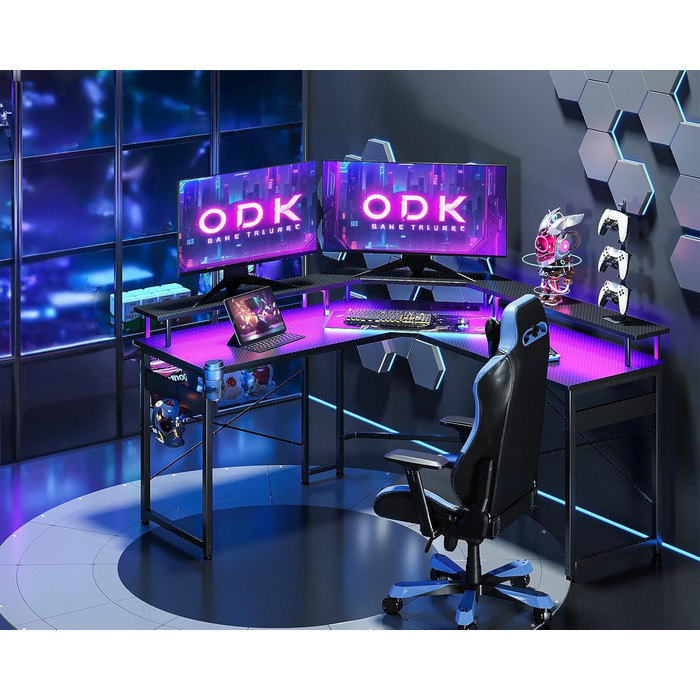 Ігровий стіл ODK 129x129 см, ігровий стіл зі світлодіодом, ігровий стіл для ПК з 2 розетками та 2 портами для зарядки USB, комп'ют