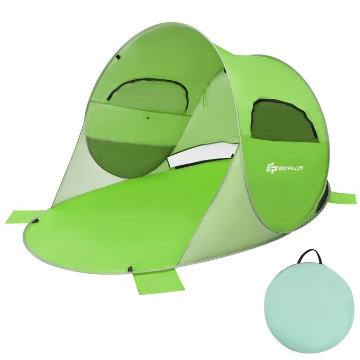 Пляжний намет GOPLUS, розкладний пляжний намет для 3-4 осіб, намет, що кидається, з сонцезахисним тентом та вітрозахисним захистом, легкий та портативний з сумкою для перенесення, сонцезахисний намет для сімей, пляжу, кемпінгу, газону, саду (зелений)