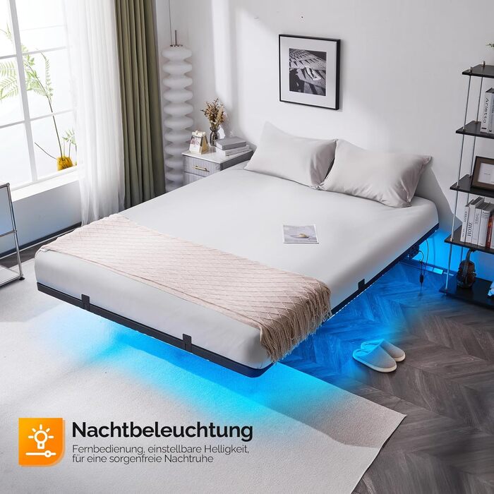 Каркас ліжка Bonnlo 140x200 см з рейковою основою, ліжко 140x200 см зі світлодіодним освітленням, міцне металеве ліжко, плаваюче ліжко висотою 36 см, чорне (без матраца) 140 x 200 см