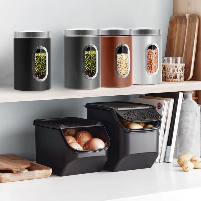 Набір кухонних банок з 3 предметів, харчові контейнери з нержавіючої сталі, органайзер з прозорим віконцем, кухонна стільниця, контейнери для зберігання кави, чаю, горіхів, борошна, цукру (коричневі)