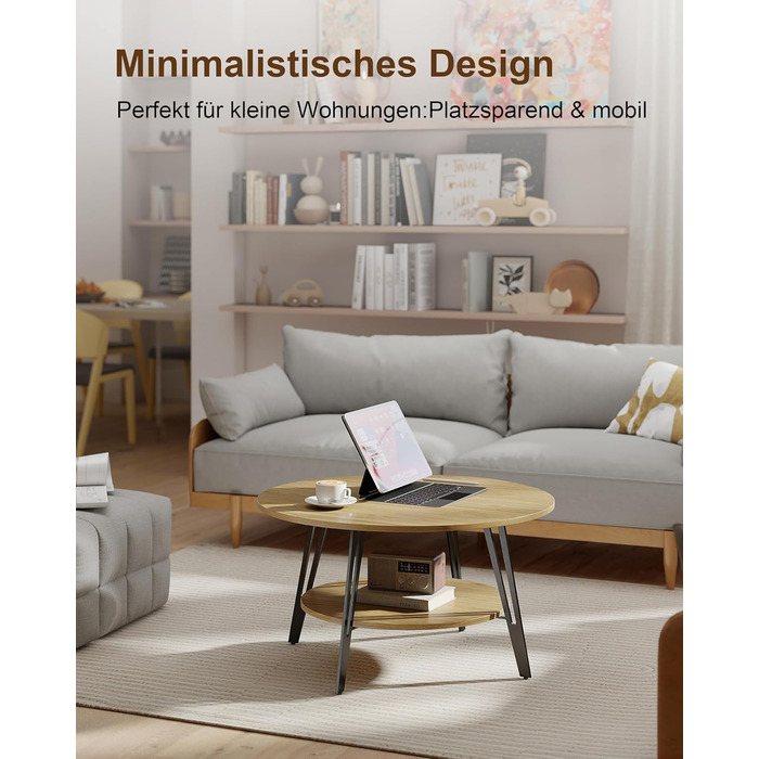 Круглий дерев&39яний журнальний столик Manora з подвійним відділенням для зберігання, круглий стіл для вітальні, дерев&39яний бічний столик з металевою основою, сучасний дизайн круглого дивана-столика для вітальні (дуб, C25298) Меблі для вітальні з дуба