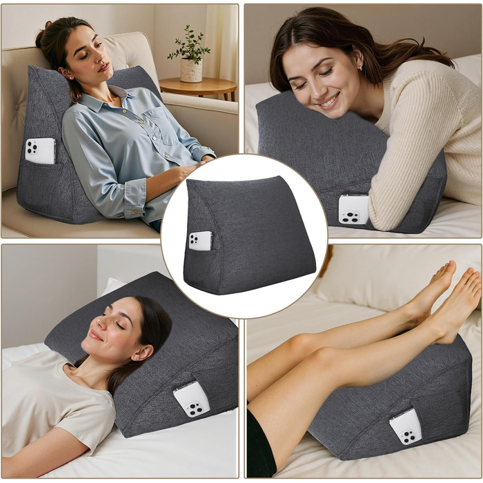 Трикутна клиноподібна подушка - Зручна лляна спинна подушка для читання або сидіння, універсальна опорна подушка для дивана, ліжка та відпочинку (Ma Grey, 45x20x35 см) Ma Grey 45x20x35 см