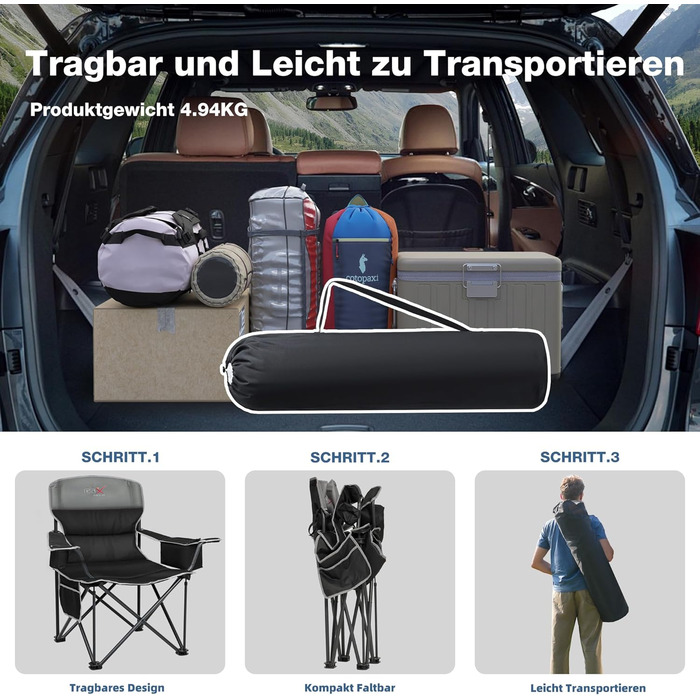 Складане кемпінгове крісло, вантажопідйомність 200 кг, з тримачем для напоїв та сумкою-холодильником, складне кемпінгове крісло, складне рибальське крісло з високою спинкою, чорне