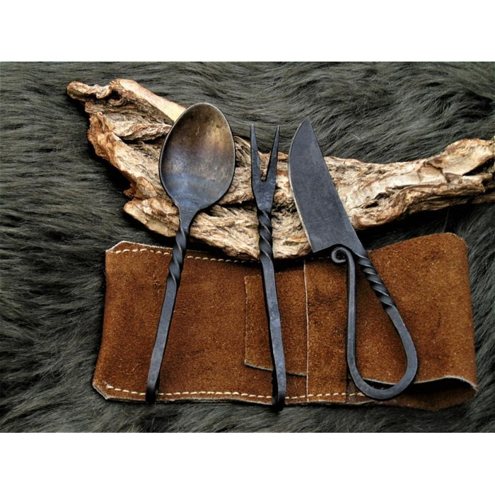 Середньовічний набір столових приборів, ковані вручну середньовічні столові прибори 601EA, чорний