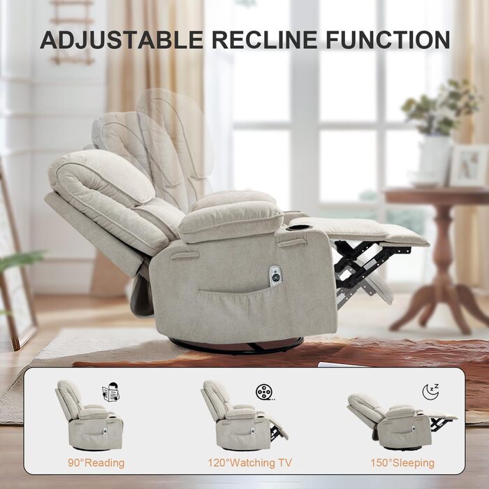 Крісло-гойдалка з функцією масажу, крісло для телевізора з функцією відкидання, вібрація, підігрів, товста спинка та підлокітники, масажне крісло з функцією гойдання, поворот на 360, бежевий