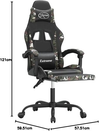 Геймерське крісло, чорний камуфляж, з підставкою для ніг, ергономічне обертове крісло, 57,5 x 59,5 x 121-131 см, штучна шкіра, газова пружина, функція нахилу до 135, для офісу, вітальні, ігрової кімнати, 57,5 x 59,5 x (121-131) см (Ш x Г x В), зелене