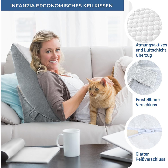 Регульована клиноподібна подушка, подушка для читання з піни високої щільності з валиком для шиї для ліжка та дивана, ергономічна клиноподібна подушка для ліжка від рефлюксного апное сну, подушка для ніг, подушка для спини для читання, гри або перегляду т