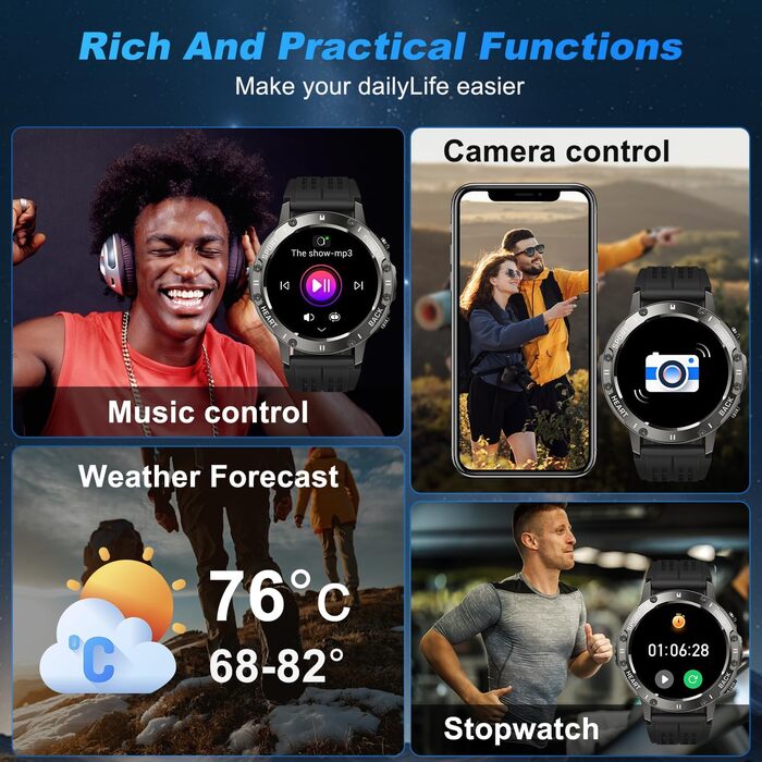 Військовий смарт-годинник для чоловіків з функцією телефону водонепроникний фітнес-трекер, смарт-годинник з Bluetooth-дзвінками та серцевим ритмом, монітором сну, крокоміром, спортивним годинником, Android/iOS, чорним
