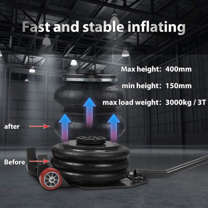 Пневматичний домкрат Anbull 3-тонна модернізована подушка безпеки Потовщення повітряного домкрата Висота підйому 150 мм-400 мм Домкрат пневматичний пневматичний домкрат 6600 фунтів Ємність чорний-
