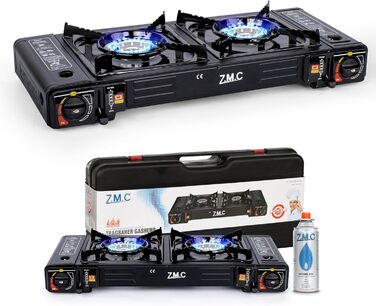 Газова плита для кемпінгу ZMC, 2 конфорки, 2,5 кВт, включаючи адаптер для підключення зрідженого газу та футляр для зберігання. Комплект кемпінгової плити з газовими картриджами та грильною пластиною (можна вибрати), з п&39єзорозпалом, для використання на