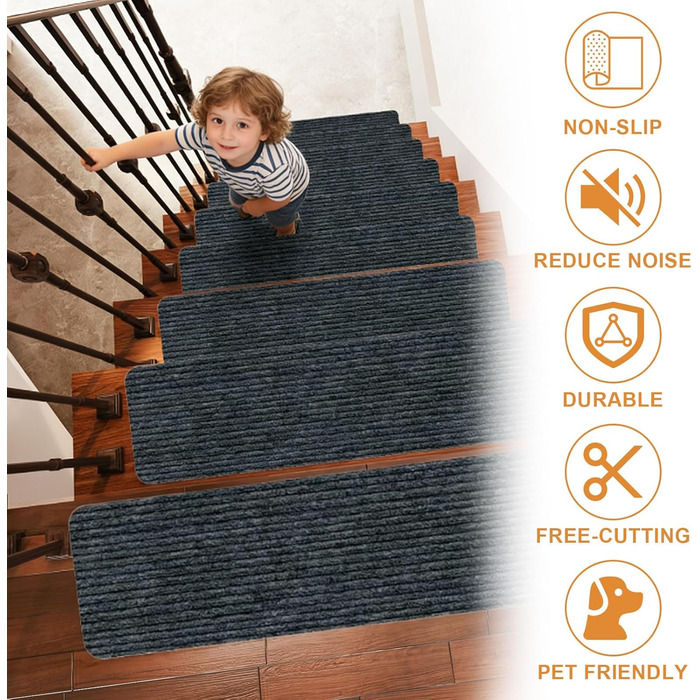 Килимки для сходів, 15 шт. , протиковзкі килимки для сходів, самоклеючі, прямокутний килимок для сходів, нековзний килимок для дітей та домашніх тварин (темно-сірий, 55 см x 22 см)