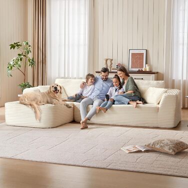 Кутовий диван LINSY HOME зі сном - Модульний розкладний диван з вельвету 270 см, L-подібний диван, 3-місний диван з пуфом, секційний диван для вітальні, не потребує складання, бежевий вельвет