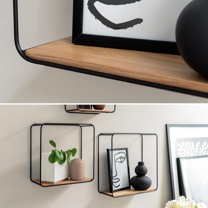 Набір настінних полиць -Jona- 3-компонентна підвісна полиця з металу та шпону натурального дерева настінна прикраса та полиця для