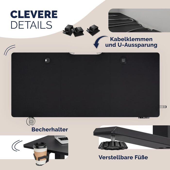 Електричний стіл Casaria з регульованою висотою 140 x 70 см з бездротовим зарядним пристроєм та портом USB-C/A, РК-дисплеєм, функцією пам&39яті, вантажопідйомністю 80 кг, ергономічним, чорним, 140 x 70 см