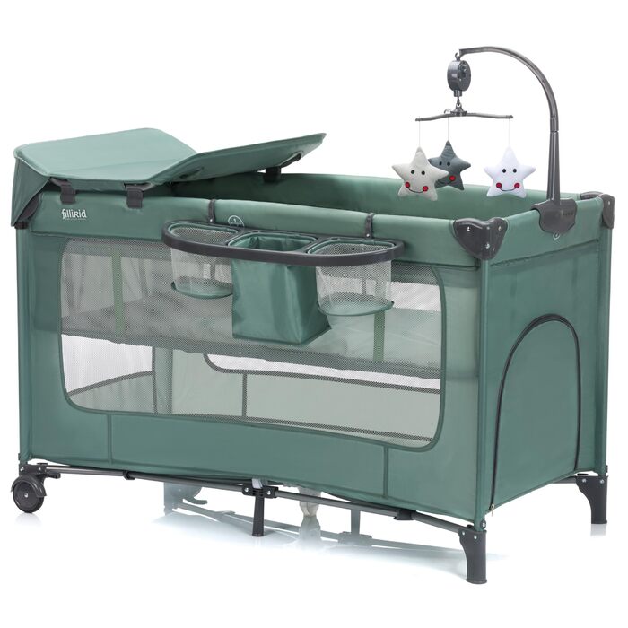 Дорожнє ліжечко Fillikid Capri від народження - 15 кг з регульованим вкладишем, 2 колесами, входом, пеленальний килимок, лоток для підгузків, мобільний телефон та сумка для перенесення - зелений