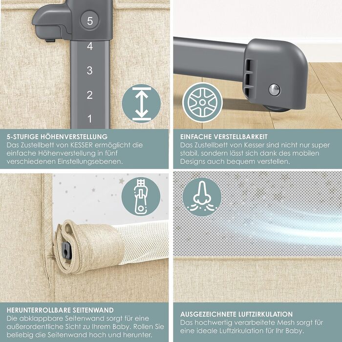Дитяче ліжечко KESSER Hubi 3в1 для подорожей з м'яким матрацом, на коліщатках, 5-позиційне регулювання висоти, складна бічна стінк