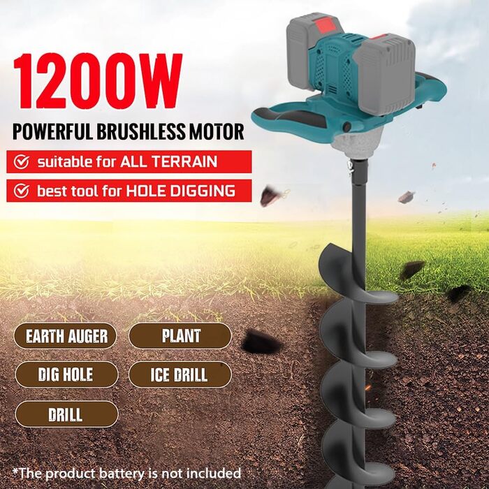 Акумуляторний ґрунтобур для Makita 18V, 1200W безщітковий двигун, для буріння отворів діаметром до 350мм (ґрунт, лід), для встановлення парканів, саду та фундаментів, мішалка для розчину. Постачається без зарядного пристрою та бура (без акумулятора).