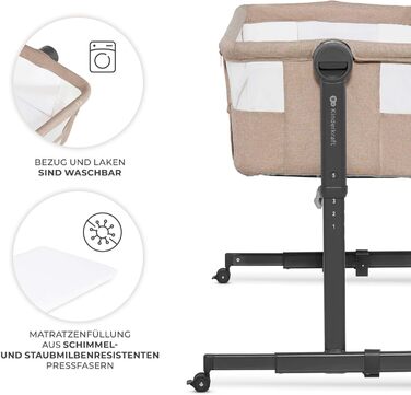 Приліжкове ліжечко 2-в-1, дорожнє ліжечко з матрацом та простирадлом, 5-рівневе регулювання висоти матраца, 4 колеса з гальмами, м&39який матеріал, легка конструкція, бежевий Nestee Beige, 2