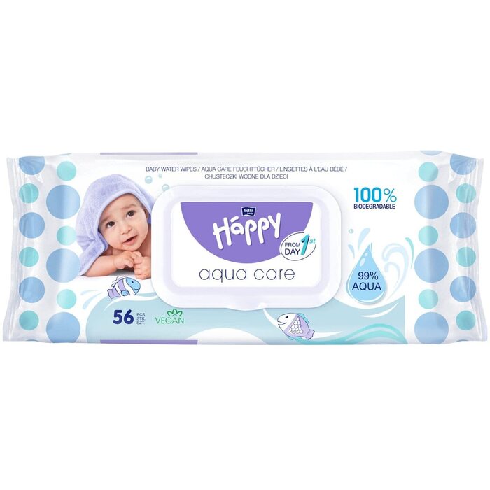 Вологі серветки bella baby Happy Aqua Care, упаковка 10 шт. (10х56 шт. ), 100 біорозкладна, 99 вода, з 1-го дня життя 56 шт. (упаковка 10 шт. )