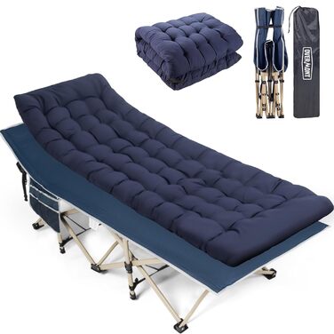 Розкладне похідне ліжко Overmont - Кемпінгове ліжко 190 x 71 x 36 см - Вантажопідйомність до 250 кг - Тканина Оксфорд 2400D з бічною кишенею та сумкою для перенесення для кемпінгу, саду, офісу, синього кольору, з матрацом ()