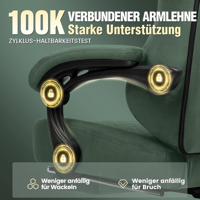 Ігрове крісло GTPLAYER, тканина, ергономічне офісне крісло, крісло для ПК, вантажопідйомність 150 кг, регульоване та поворотне робоче крісло з пружинною подушкою сидіння та підставкою для ніг, зелене